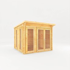 3m x 3m Mercia Studio Pent Log Cabin - 28mm Logs - White Background, Doors Closed