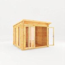 3m x 3m Mercia Studio Pent Log Cabin - 28mm Logs - White Background, Doors Open