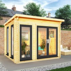 3m x 3m Mercia Studio Pent Log Cabin - 28mm Logs - UPVC Doors, Grey