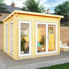 3m x 3m Mercia Studio Pent Log Cabin - 28mm Logs - UPVC Doors, White