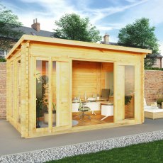 4m x 3m Mercia Studio Pent Log Cabin - 28mm Logs - In Situ, Doors Open