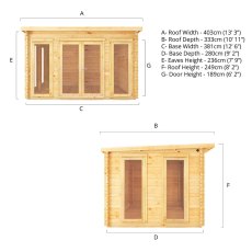 4m x 3m Mercia Studio Pent Log Cabin - 28mm Logs - Dimensions