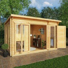 4.1m x 3m Mercia Studio Pent Log Cabin With Side Shed - 28mm Logs - In Situ, Doors Open