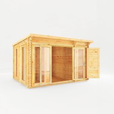 4.1m x 3m Mercia Studio Pent Log Cabin With Side Shed - 28mm Logs - White Background, Doors Open
