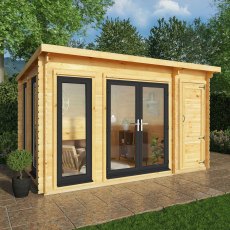 4.1m x 3m Mercia Studio Pent Log Cabin With Side Shed - UPVC Doors, Grey