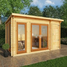 4.1m x 3m Mercia Studio Pent Log Cabin With Side Shed - UPVC Doors, Oak