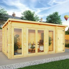 5.1m x 3m Mercia Studio Pent Log Cabin With Side Shed - In Situ, Doors Closed