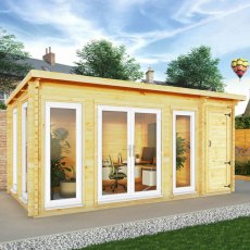 5.1m x 3m Mercia Studio Pent Log Cabin With Side Shed - UPVC Doors, White