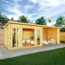7m x 3m Mercia Studio Pent Log Cabin With Patio Area - In Situ, Doors Open