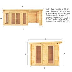 7m x 3m Mercia Studio Pent Log Cabin With Patio Area - Dimensions