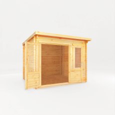 3m X 3m Mercia Elite Pent Log Cabin - 28mm Logs - isolated angle view, doors open