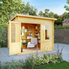 3m X 3m Mercia Elite Pent Log Cabin - 28mm Logs - in situ, doors open