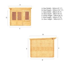 3m X 3m Mercia Elite Pent Log Cabin - 28mm Logs - dimensions