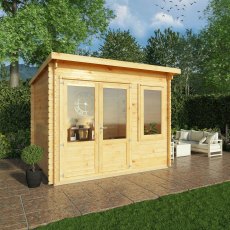 3m X 3m Mercia Elite Pent Log Cabin - 28mm Logs - in situ, angle view, doors closed
