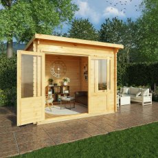 3m X 3m Mercia Elite Pent Log Cabin - 28mm Logs - in situ, angle view, doors open