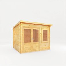 3m X 3m Mercia Elite Pent Log Cabin - 28mm Logs - isolated angle view, doors closed