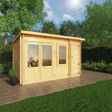 4.1m X 3m Mercia Elite Pent Log Cabin With Side Shed - 28mm Logs - in situ, angle view, doors closed