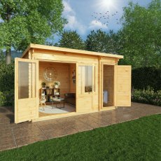 4.1m X 3m Mercia Elite Pent Log Cabin With Side Shed - 28mm Logs - in situ, angle view, doors open