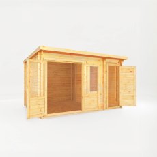 4.1m X 3m Mercia Elite Pent Log Cabin With Side Shed - 28mm Logs - isolated angle view, door open