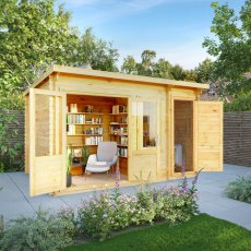 4.1m X 3m Mercia Elite Pent Log Cabin With Side Shed - 28mm Logs - in situ, angle view, doors open