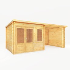 6m x 3m Mercia Elite Pent Log Cabin With Patio Area - 28mm Logs - isolated angle view, doors closed