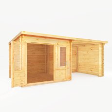 6m x 3m Mercia Elite Pent Log Cabin With Patio Area - 28mm Logs - isolated angle view, doors open