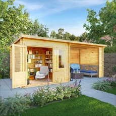 6m x 3m Mercia Elite Pent Log Cabin With Patio Area - 28mm Logs - in situ, angle view, doors open