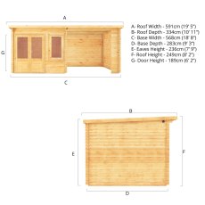 6m x 3m Mercia Elite Pent Log Cabin With Patio Area - 28mm Logs - dimensions