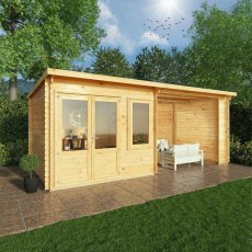 6m x 3m Mercia Elite Pent Log Cabin With Patio Area - 28mm Logs - in situ, angle view