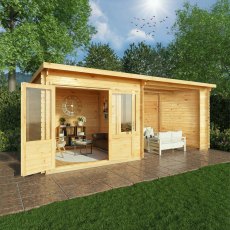 6m x 3m Mercia Elite Pent Log Cabin With Patio Area - 28mm Logs - in situ, angle view