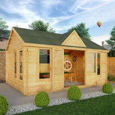 5.3m x 4m Mercia Clock Tower Log Cabin - In Situ,  Wooden Doors Open