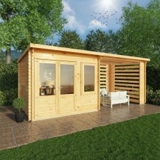 6m X 3m Mercia Elite Pent Log Cabin With Slatted Area - 28mm Logs - in situ, angle view, doors closed