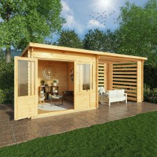 6m X 3m Mercia Elite Pent Log Cabin With Slatted Area - 28mm Logs - in situ, angle view, doors open
