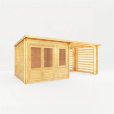 6m X 3m Mercia Elite Pent Log Cabin With Slatted Area - 28mm Logs - isolated angle view, doors closed