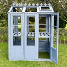 6x4 Shire Hemsby Traditional Wooden Greenhouse - in situ, front view, door open