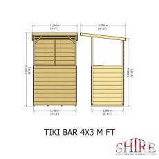 Technical line drawing showing the front and side exterior dimensions of the 4x3 Shire Tiki Garden Bar.