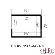 Floor plan diagram illustrating the footprint dimensions and interior layout of the 4x3 Shire Tiki Garden Bar.