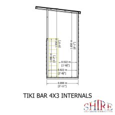 Technical line diagram showing the internal measurements and vertical dimensions of the Shire Tiki Garden Bar.