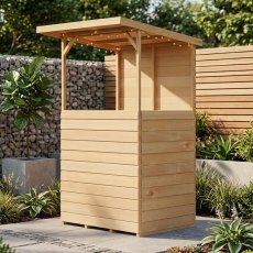 Front-facing view of the wooden Shire Tiki Garden Bar showcasing the front counter panel and open roof frame.