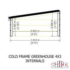 Internal measurements and cross-section height diagram of the Shire Holkham 4x3 wooden cold frame.