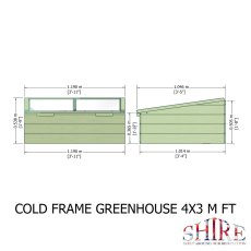 Technical front and side elevation dimension diagram for the Shire Holkham 4x3 timber cold frame greenhouse.