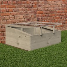 Side angle shot of the Shire Holkham 4x3 wooden timber cold frame greenhouse showing the dual hinged lids open for ventilation.