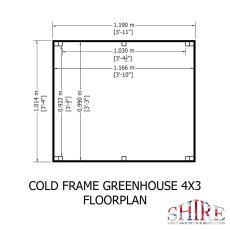 Top-down floorplan blueprint and internal dimensions diagram for the Shire Holkham 4x3 wooden garden cold frame.