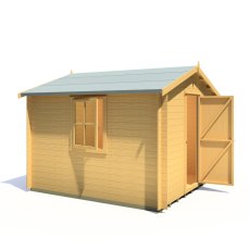 10Gx10 Shire Danbury Log Cabin (19mm Logs) - isolated side angle view, doors open