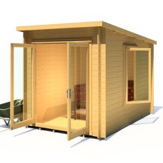 10Gx7 Shire Emneth Pent Log Cabin in 19mm Logs - in situ, angle view, all open