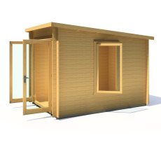 10Gx7 Shire Emneth Pent Log Cabin in 19mm Logs - isolated side angle view, doors open
