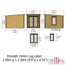 10Gx7 Shire Emneth Pent Log Cabin in 19mm Logs - dimensions