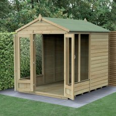 8x6 Forest Beckwood Apex Summerhouse with Double Doors - 25yr Guarantee - in situ, angle view, doors open