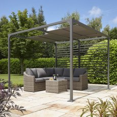 Rowlinson Florence Canopy 3m x 3m - with seating showing how you to open blinds at different openings