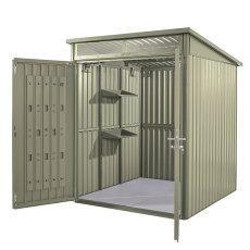 6x6 Hex Living Hixon Pent Metal Shed in Sage Green - isolated angle view, doors open